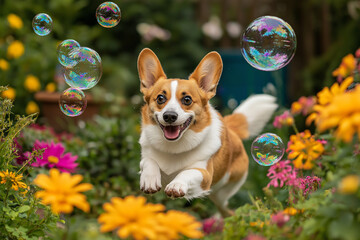 A happy Corgi dog jumping through a garden filled with colorful flowers and bubbles, symbolizing joy, playfulness, and the beauty of life.