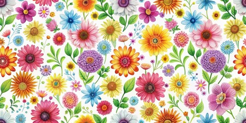 Poster - Seamless pattern with colorful flowers on a white background, floral, botanical, repetitive, elegant, feminine