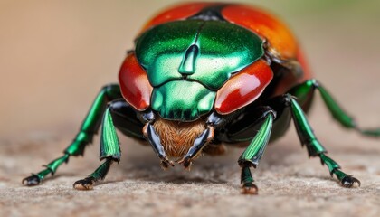  Vividly colored insect in closeup showcasing its striking green and red hues