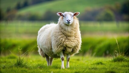 Wall Mural - A fluffy white sheep standing in a green grassy field , sheep, wool, farm animal, livestock, fluffy, cute, agriculture