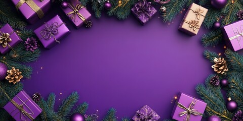 Wall Mural - Christmas purple banner with Christmas tree and gift boxes, with space for text 