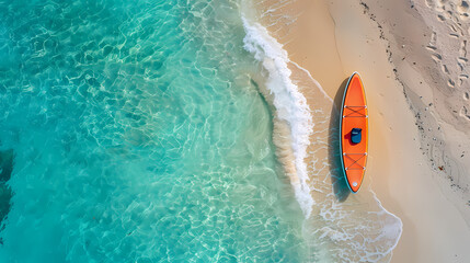 An orange and blue paddleboard on the beach, a bird's eye view, high definition photography, clean white sand, clear turquoise sea water, waves lapping at shore edge, and a sense of calmness.