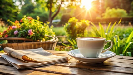 A cup of cappuccino and a newspaper on a garden table on a sunny summer evening, cappuccino, coffee, newspaper, garden