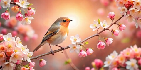 Poster - Fine art collage of a beautiful bird surrounded by flowers in shades of Peach Fuzz , bird, flowers, collage, fine art