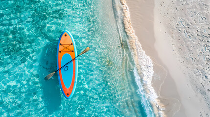 An orange and blue paddleboard on the beach, a bird's eye view, high definition photography, clean white sand, clear turquoise sea water, waves lapping at shore edge, and a sense of calmness.