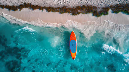 An orange and blue paddleboard on the beach, a bird's eye view, high definition photography, clean white sand, clear turquoise sea water, waves lapping at shore edge, and a sense of calmness.