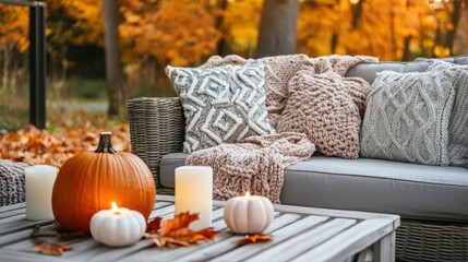 Poster - Cozy autumn patio with pumpkins, candles and blankets on a wicker sofa.