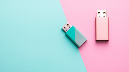 USB Flash drive flat lay, pastel colors