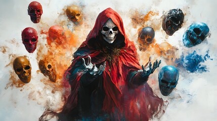 A skeletal sorcerer surrounded by levitating Halloween masks, enchanted atmosphere, fantasy art, dark yet colorful, isolated on white background