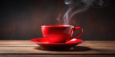 Wall Mural - Red cup of steaming hot coffee on a saucer, red cup, coffee, hot, beverage, drink, morning, caffeine, aroma, breakfast