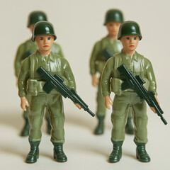 Mini green toy soldiers plastic toys lined up, soldier in camouflage