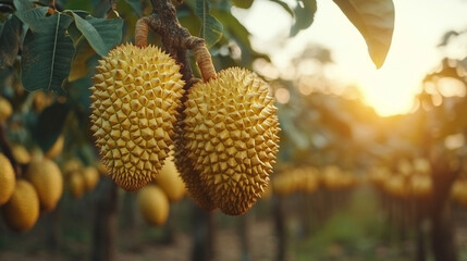 ripe durian fruit hanging on a tree. The durian's spiky, green exterior contrasts with the lush green foliage, highlighting nature's intriguing beauty and complexity