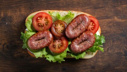 Wall Mural -  Freshly made sandwich with ripe tomatoes and crisp lettuce on a rustic wooden surface