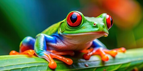 Sticker - Vibrant red eyed frog with shiny eyes and colorful skin , tropical, wildlife, amphibian, exotic, rainforest, nature, colorful