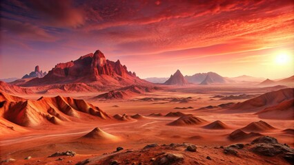 Wall Mural - scenic view of a martian landscape with red hills and rocks under a pink sky, mars, planet, landscap