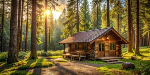 Canvas Print - Cozy cabin surrounded by summer forest trees , nature, tranquil, peaceful, retreat, getaway, cabin, woods, greenery, relaxation