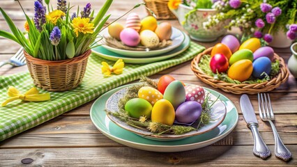 Sticker - Easter-themed table setting with colorful eggs and spring decorations, Easter, table setting, eggs, spring