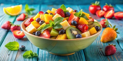 Wall Mural - A vibrant and colorful tropical fruit salad served in a bowl, healthy, fresh, delicious, nutrition, pineapple, mango, papaya