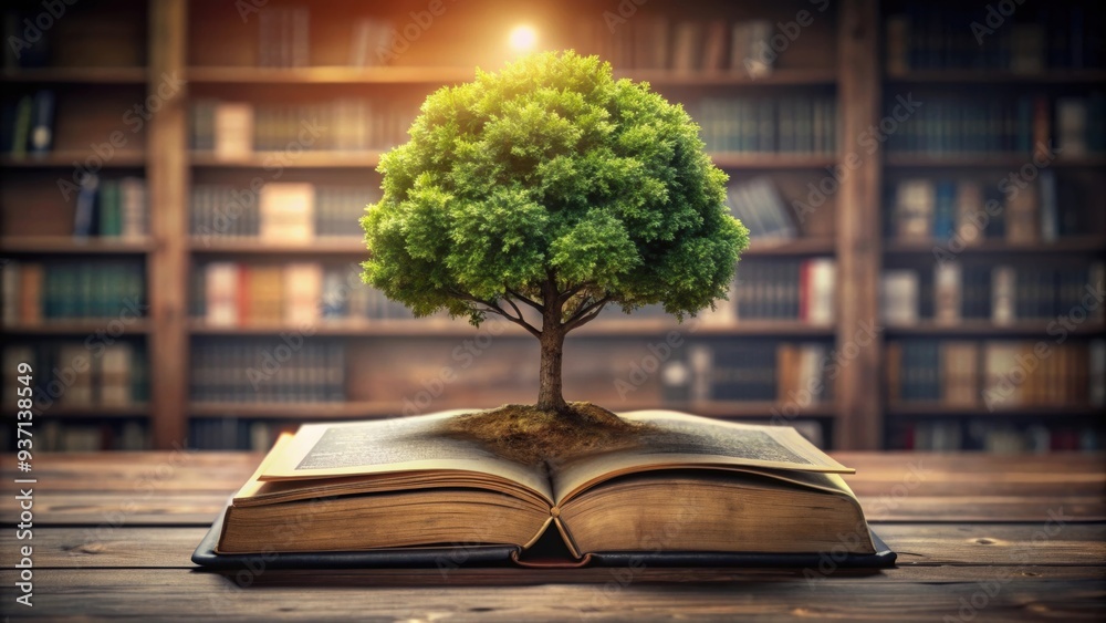 Tree of knowledge planting on opening old big book in library full of ...