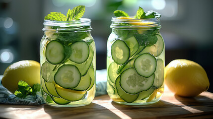 Wall Mural - Cucumber and lemon water, two jars of water infused with fresh slices of cucumber and lemon 