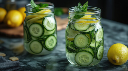 Cucumber and lemon water, two jars of water infused with fresh slices of cucumber and lemon 