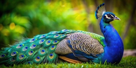 Wall Mural - Peacock sitting elegantly displaying vibrant feathers, beautiful, colorful, exotic, bird, wildlife, beautiful, regal, splendid