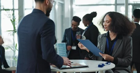 Aufkleber - Business people, check in desk and service at conference, clipboard and conversation in modern office. Group, crowd and employee with person, communication and workshop for innovation, event and help