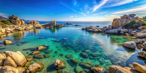 Sticker - Rocky bay with calm blue sea featuring a serene coastal landscape surrounded by boulders and clear water , serene