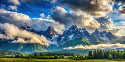 Sticker - Scenic landscape featuring fluffy clouds hovering over majestic mountains, nature, beauty, outdoors, sky, panoramic