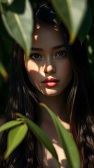 Portrait of a young woman with soft light streaming through leaves, creating a pattern of shadows, serene expression, cinematic focus, fashion photography 