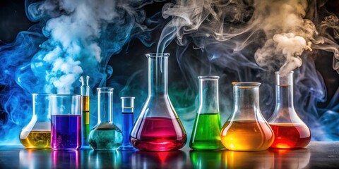 Canvas Print - Colorful laboratory glassware with swirling smoke in chemical background, chemistry, science, laboratory, glassware, smoke