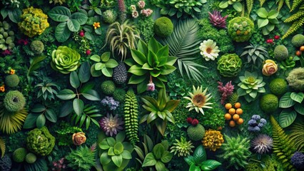 Sticker - Lush green wallpaper featuring an array of peculiar flowers and plants, green, wallpaper, plants, flowers, nature, unique