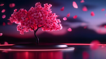 Wall Mural - Cherry blossom tree hologram, falling petals, futuristic neon park, digital scenery