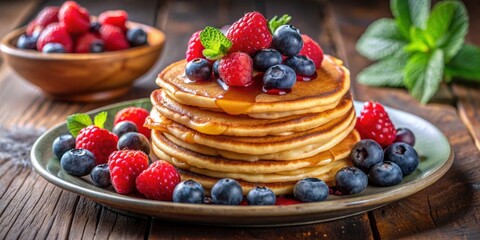 Wall Mural - Homemade American pancakes with fresh blueberries, raspberries, and honey served on a rustic plate, breakfast, morning