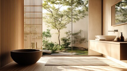 Sticker - Modern minimalist bathroom with freestanding tub, large window, and zen garden view.