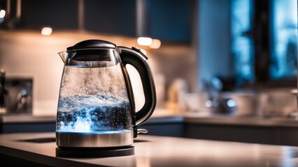 Wall Mural - boiling water in the kettle in the kitchen at night