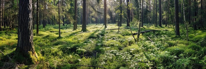 Canvas Print - Wooded meadows within a northern coniferous forest featuring pine and larch trees on a plateau, characterized by a herbaceous community dominated by Beakchervil and Hellebore.