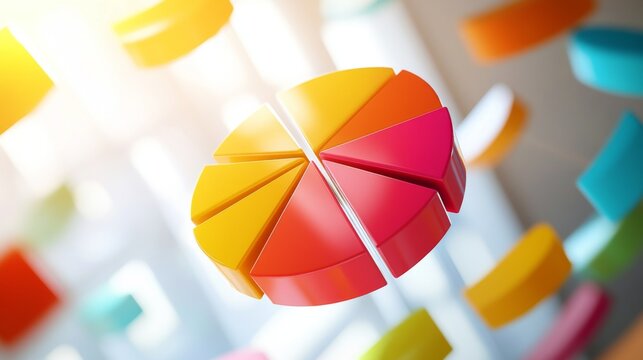 3D pie chart segments floating in mid-air, bright background, business concept