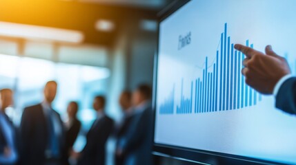 Aufkleber - A business analyst presenting a financial graph on a digital whiteboard to a group of executives in a well-lit office.
