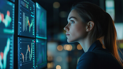 Poster - Focused analyst monitors market trends and data insights in a modern trading environment during the evening hours