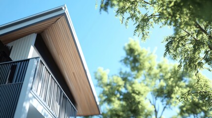 Canvas Print - Low angle view of a modern home with a wooden roof and balcony, framed by lush green foliage against a clear blue sky.