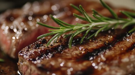 A close-up of a perfectly grilled medium-rare steak, showing the juicy, tender meat with charred grill marks and a sprig of rosemary on top