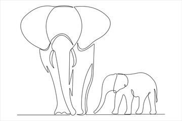 Wall Mural - Continuous single one line drawing of baby elephant and mom wildlife animal outline vector illustration

