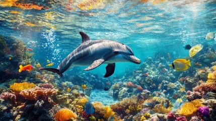 Aufkleber - A dolphin swimming gracefully underwater, surrounded by a school of colorful fish in a crystal-clear ocean.