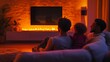© wiwat apisithpinyo - 13080656 338 Family gathered around smart fireplace, cozy living room, flame control interface, warm orange glow, wide-angle comfort scene
