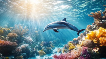 Poster - A dolphin swimming near a coral reef, with the sun's rays filtering through the clear water, creating a magical underwater scene.