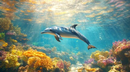 Poster - A dolphin swimming near a coral reef, with the sun's rays filtering through the clear water, creating a magical underwater scene.