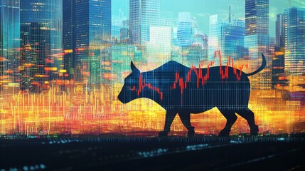 Poster - A financial graph showing a bullish trend, overlaid on a background of skyscrapers, symbolizing strong economic performance.