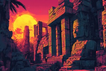 Ancient Temple Ruins at Sunset with a Giant Stone Head Statue