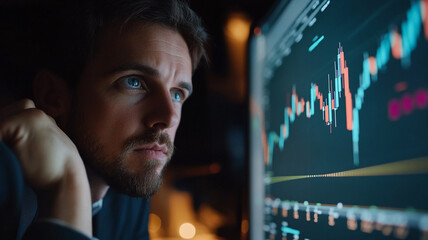 Poster - Focused trader analyzing market trends on a digital screen in a dimly lit office at night, contemplating investment strategies